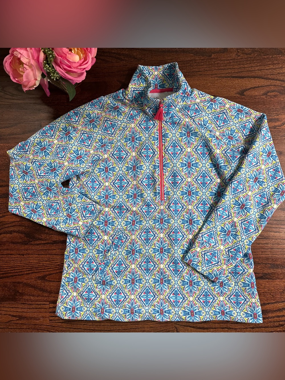 Rafaella 1/4 zip printed pullover, size L